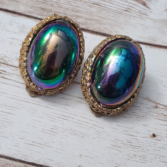 Vintage Clip On Earrings - Multi Colored Oval - Some Scuffs - Picture 2 of 8